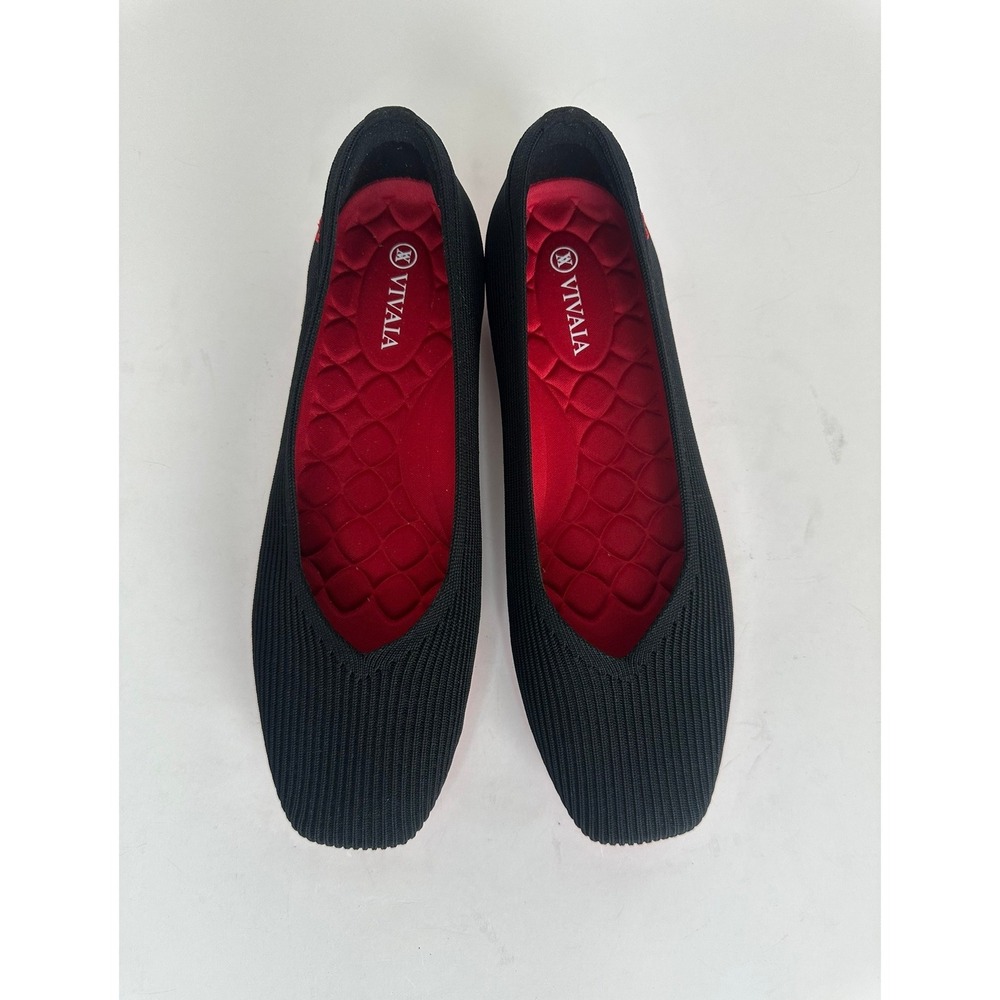 Vivaia Margot Square Toe Knit Ballet Flats Shoes Size 39 US 8.5 Black & Red Sole